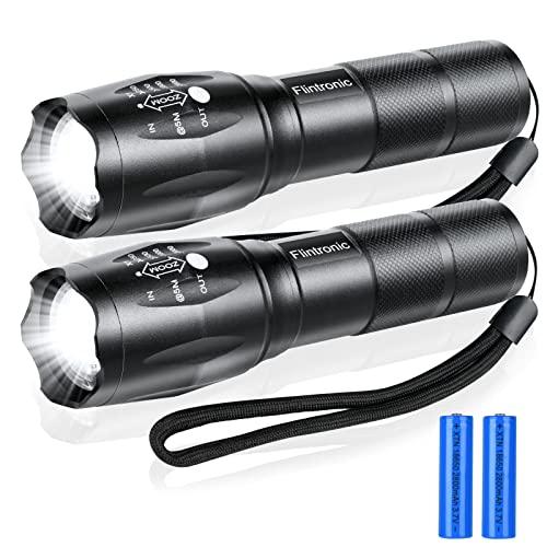 flintronic Linterna LED de Alta Potencia, 2 x Linternas LED con 2 x Batería Recargable, 2000Lúmenes 5Modos Impermeable Zoomable Ultra Brillante Linterna Táctica para Acampar