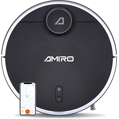 AMIRO R5 Robot Aspirador y Mopa con Mapa Espacial en Tiempo Real, Robot Aspirador, Pelo de Mascota, 2200 Pa de Potencia de Succión, Navegación Inteligente, Ideal para Suelos Duros (Negro)