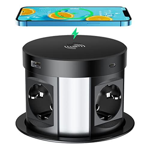OFERTÓN SUPREMO 75% DESCUENTO Enchufe Empotrable Mesa USB C 4 Enchufes, Regleta Enchufes con 4 USB Empotrable Retráctil, Regleta de Mesa con Cargador Inalámbrico, 3680W/16A, 1,7m Cables, Negro
