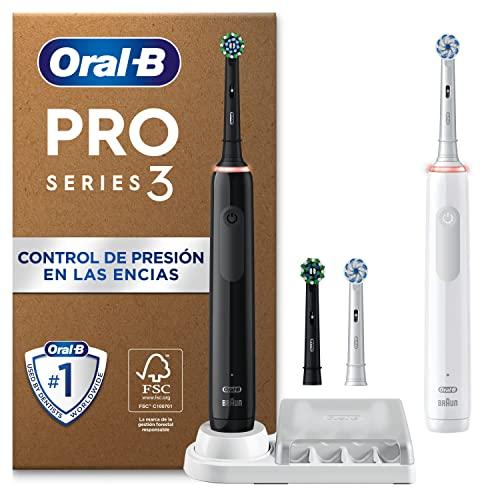 29% DESCUENTO Oral B Pro 3 Pack De 2 Cepillos de Dientes Eléctricos con Mango Recargable y 4 Cabezales de Recambio, 3 Modos De Cepillado Con Modo Sensible, Temporizador, Diseñado por Braun, Negro y Blanco