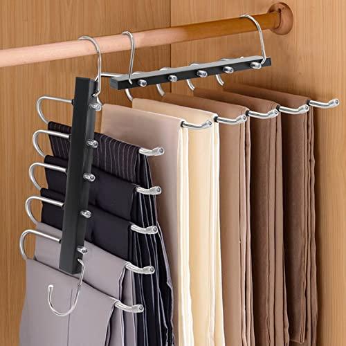 TAOPE Perchas para Pantalones, Percha Antideslizante de Acero Inoxidable 5 en 1, 2 PCS Pechero Organizador de Armario de Ahorro Espacio, Perchero para Pantalones Bufandas Corbatas Vaqueros (Negro)