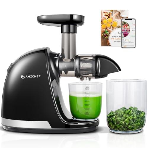 AMZCHEF Licuadora prensado en frío Extractor de zumos y verduras Licuadoras para zumos con 2 depósitos y cepillo Cold press slow juicer machine con función de masticación inversa Negro Mate
