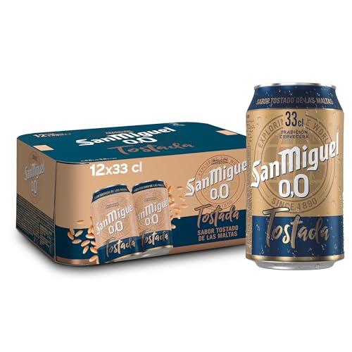 San Miguel 0,0 Tostada, Pack 12 Latas de 33cl, Cerveza Sin Alcohol, Sabor Intenso y Tostado, Cerveza Ligera y Refrescante, Cerveza 0,0% Alcohol