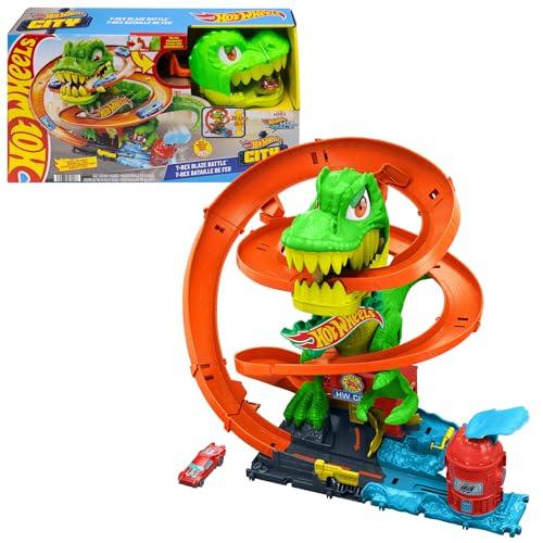 Hot Wheels T Rex Batalla en llamas Conjunto de pista, conjunto de juego con pista y camión de bomberos metálico de juguete a escala 1:64, 45,72cm de altura, diferentes resultados de carrera, JBM73