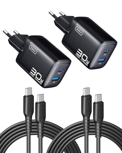 INIU 30W Cargador USB C, 2 Paquetes PD GAN Tech Cargador iPhone Carga Rapida, [USB C + USB A] Múltiple Enchufe Rápido y Cable para iPhone 17 16 15 Pro MAX, MacBook Air, iPad Pro, Samsung S25 Switch