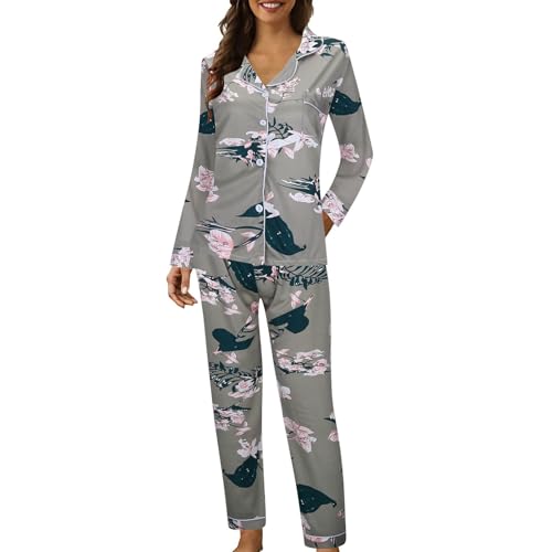 Genérico Pijama de Mujer Conjunto de Piezas Camisones de Manga Larga Estampados con Botones de Solapa Informales Pijamas de Mujer Ligeros y Cómodos Camisones Largos de Invierno