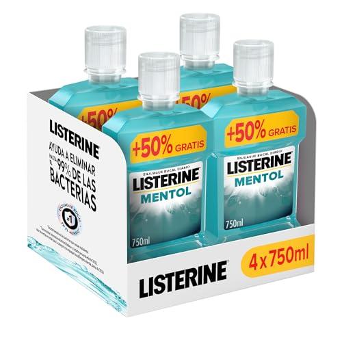27% DESCUENTO Listerine Mentol Enjuague bucal con flúor, colutorio encías con 24 horas de protección, elixir bucal mentolado para un aliento fresco duradero, pack de 4 x 750 ml