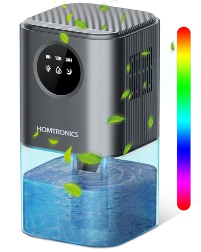 Deshumidificador Electrico Pequeño, [1700ML] [Temporización] Homtronics Deshumificadores Silencioso de Humedad con 7 Colore Luz, Apaga Automáticamente, Dehumidifier pare Baño, Dormitorios, Ropero Gris