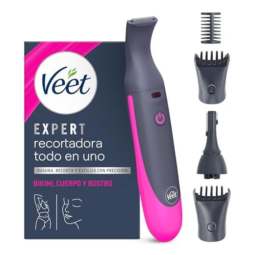 Veet Recortadora Todo en Uno, Bikini y Cuerpo Completo, Cara y Cejas, Rasuradora Mujer Zona Íntima Resistente al Agua, Con 2 Cabezales y 4 Peines para precisión, con Cargador USB