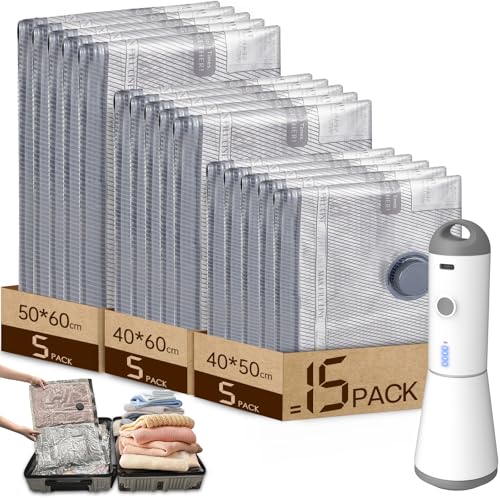 Vacbird Bolsas de Vacío Ropa con Bomba de Vacío Eléctrica Inalámbrica, 15 Bolsas al Vacío para Ropa (5 Pequeñas, 5 Medianas, 5 Grandes), Ahorro de Espacio, Ideal para ArtíCulos De Viaje