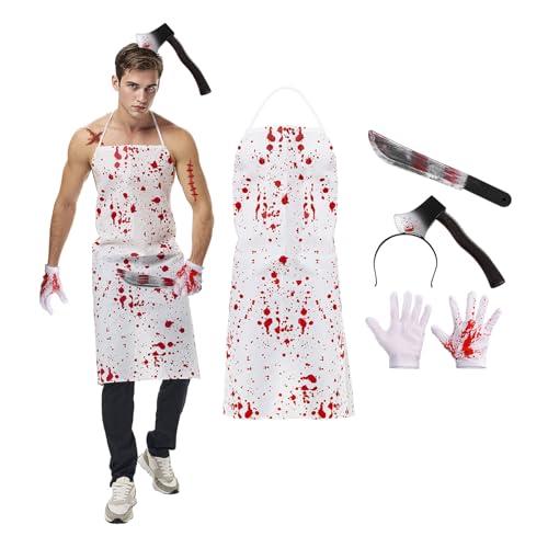 OFERTÓN SUPREMO 83% DESCUENTO Joyincoser Disfraz de carnicero de Halloween para hombre y mujer, disfraz de terror espeluznante, delantal sangriento, cuchillo falso, guantes, tocado, tatuaje con cicatrices, pegatinas para Halloween