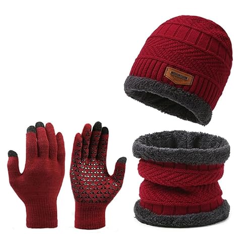 Juego de gorros, bufanda, guantes para pantalla táctil para hombres y mujeres, conjunto de guantes gruesos y cálidos con forro polar de punto, Rojo, talla única