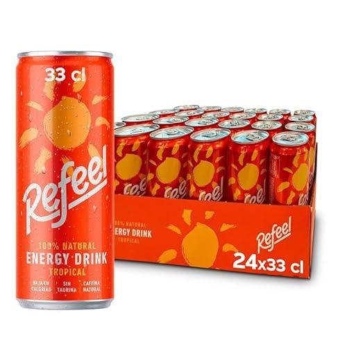 DESCUENTAZO 50% DESCUENTO Refeel Bebida Energética 100% Natural con Cafeína Vegetal, Sabor Mango y Piña, Baja en Calorías – Pack 24 Latas x 33cl