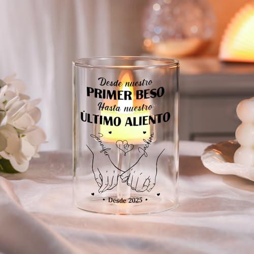 Portavelas de Cristal Personalizable con 2 Nombres Regalo Romántico para Pareja Aniversario y San Valentín (A)