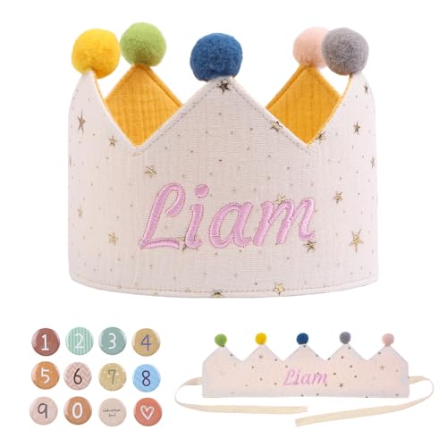 Lam Hub Fong Corona de Cumpleaños Personalizada para Niños Gorro de Fiesta de Tela con Nombre y Chapas de números Ajustable Reutilizable para Cumpleaños y Fotos (Style 6)