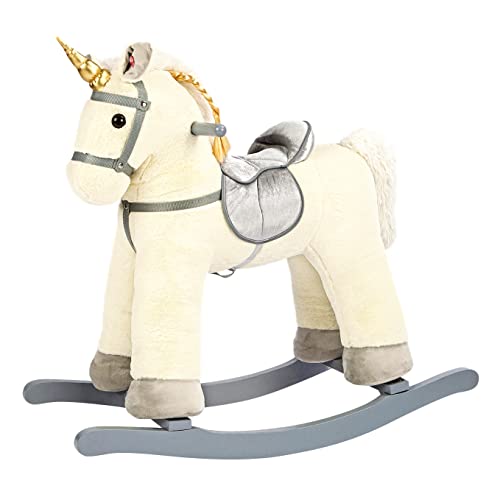 Bino 82550 White Plush Unicorn Rocking Horse for Kids from 36 months old, up to 50 Kg weight. The Unicorn Rocking Horse Makes Sounds. Suitable for children frim 36 months. Size: 76x30x74 cm