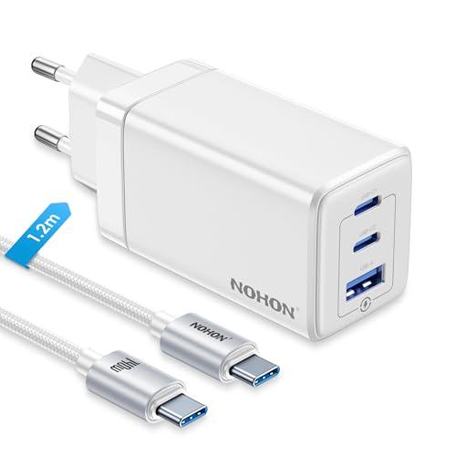 NOHON Cargador USB C Fast Charger: 65W GAN 3 Puertos Cargador rápido PD3.0 con 140 W Tipo C 1.2 M Cable de Carga | PPS Compatible con iPad Pro Air Galaxy S23 | para iPhone 15 14 13 12