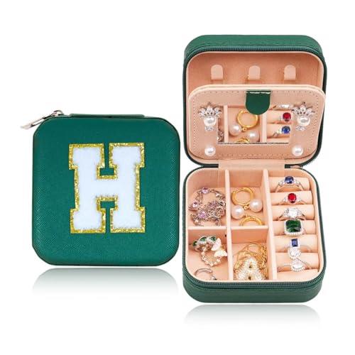 Joyero de viaje pequeño organizador para calcetines, regalos personalizados, accesorios de joyería para adolescentes, regalo de Navidad para mujeres, color verde oscuro, letra H