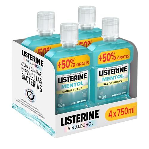 35% DESCUENTO Listerine Mentol Sabor Suave (4×750 ml), enjuague bucal con flúor, colutorio encías con 24 h de protección y 0% alcohol, enjuague bucal sin alcohol para un aliento fresco