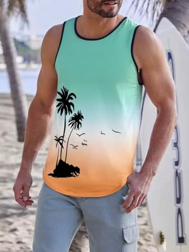 Camiseta sin mangas para hombre, holgada, sin mangas, con gráfico de palmera, para vacaciones, para verano y playa, verde claro1, Medium