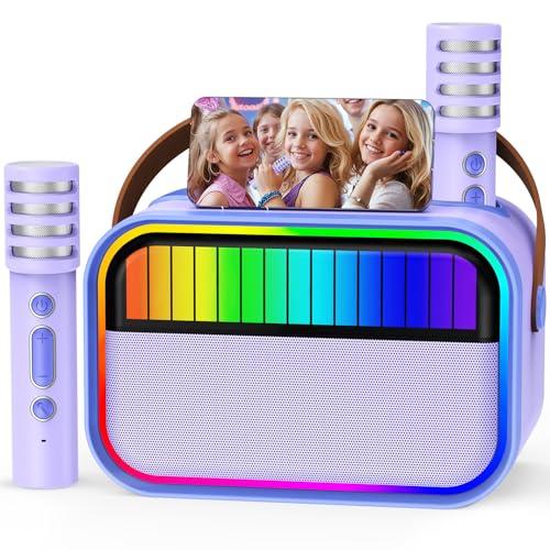 Karaoke para Niños y Adultos, Juguetes para Niñas de 3 a 12 Años, Regalos de Cumpleaños, Altavoz Bluetooth Portátil con 2 Micrófonos, Regalos para Niñas, Fiestas Infantiles, Navidad (Morado)