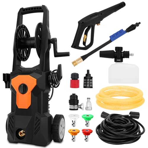 WODHMIEY Hidrolimpiadora eléctrica 1300W con Ruedas, limpiadora de Alta presión portátil 1015PSI 1.45GPM para Coche, Patio, hogar, Enchufe EU, con Espuma