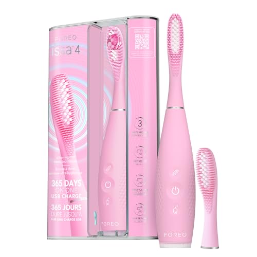 50% DESCUENTO FOREO ISSA 4 cepillo de dientes eléctrico sónico recargable 4 en 1 con USB, cabezal extra, silicona suave, blanqueador dental, impermeable, ideal para viaje, limpieza profunda Pearl Pink