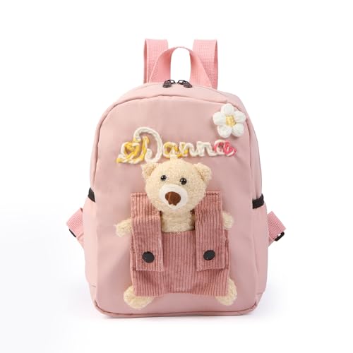 Lam Hub Fong Mochila Escolar Infantil Personalizada con Nombre Oso Bolsa de Guardería Regalos para Niños Niñas (Rosa)