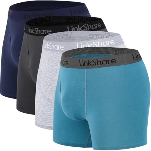 Paquete de calzoncillos tipo bóxer de algodón para hombre (paquete de 4), paquete de ropa interior para hombre, 1 azul marino + 1 azul + 1 gris claro + 1 gris oscuro, Medium