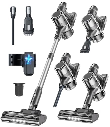 Syntecno Aspiradora Sin Cable Aspirador Escoba Aspiradoras de Mano Vertical Electricas Cordless Vacuum Cleaner Potente Inalámbrica de Pie Bateria con Cepillo para Pelos de Mascota Suelo y Alfombra