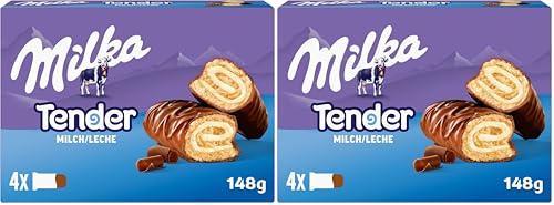 OFERTÓN SUPREMO 68% DESCUENTO Milka Tender Barritas de Bizcocho, Relleno con Leche y Cubierto de Chocolate con Leche de los Alpes, 4 Barritas, 37g (Paquete de 2)
