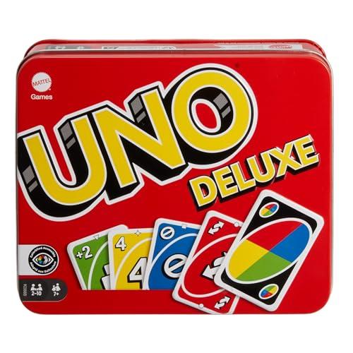 33% DESCUENTO Mattel Games UNO Deluxe en Caja metálica, Juego de 108 Cartas para familias, niños y Adultos, 2 10 Jugadores, Partir de 7 años, (Mattel K0888)