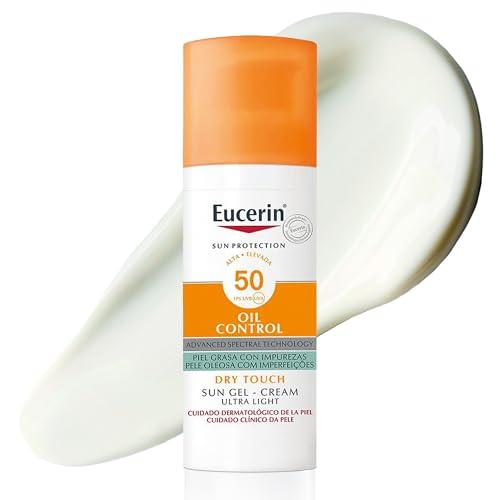 Eucerin Sun Gel Crema Oil Control Dry Touch FPS 50+ (50 ml), protección solar facial 50+ con filtros UVA/UVB, crema solar para piel grasa y propensa al acné, crema de sol con textura ultraligera