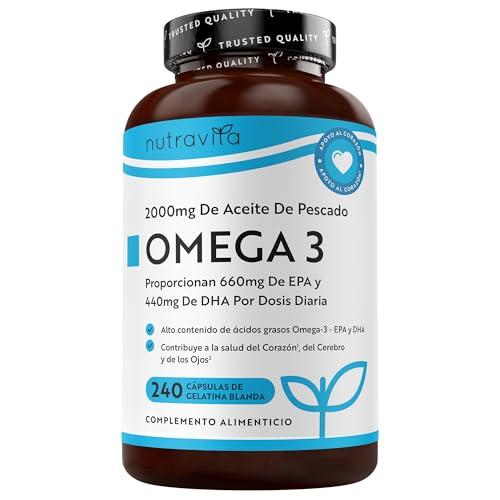 Nutravita Omega 3 2000mg, con 660mg EPA y 440mg DHA, 240 Cápsulas Blandas para 4 Meses Corazòn, Función Cerebral y Visiòn (EFSA) Omega 3 Capsulas Suplementos para Hombres y Mujeres
