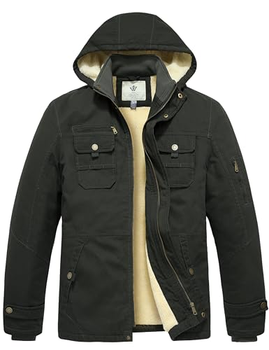 WenVen Chaqueta de Algodón a Prueba de Viento Abrigo con Forro Polar Grueso Chaqueta Estilo Militar Clásica Cazadora con Capucha Cremallera Frontal para Hombre