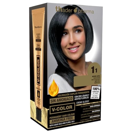 51% DESCUENTO Thader Pharma V Color Kit de Tinte permanente Sin Amoniaco con Oro Líquido 100% Cobertura de canas, 120 ml (No. 1.1 Negro azul)