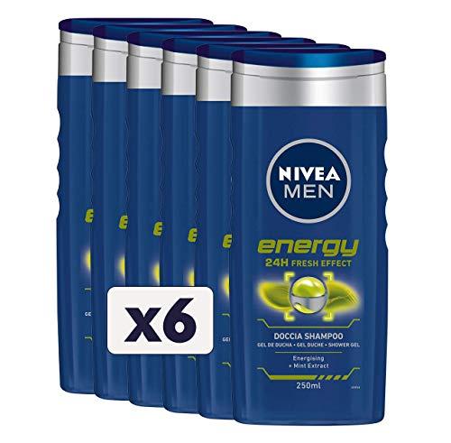 Nivea MEN Energy Ducha Champú 6 x 250 ml, Gel de ducha para hombre revitalizante para cuerpo, cara y cabello, ducha y champú refrescante para hombre con extracto de menta