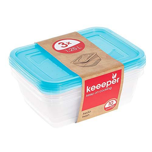 66% DESCUENTO keeeper Set de 3 Fiambreras, 3 x 1,25 l, 20,5 x 15,5 x 6,5 cm, Fredo Fresh, Azul transparente