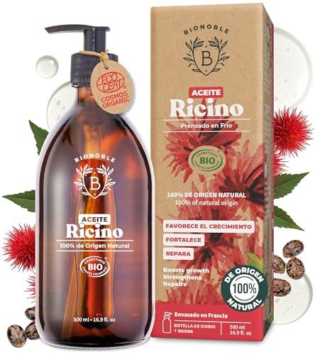 27% DESCUENTO BIONOBLE Aceite de Ricino Organico, Prensado en Frío, Sin Hexano Pestañas, Cabello, Cejas Vegan Castor Oil Aceite de Ricino 100 Puro y Natural Botella de Vidrio y Bomba 500ml
