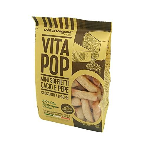 OFERTÓN SUPREMO 66% DESCUENTO Snacks VitaPop de Cacio y Pepe, Mini soffietti salados de queso y pimienta, sanos y equilibrados, Bolsa 120 g