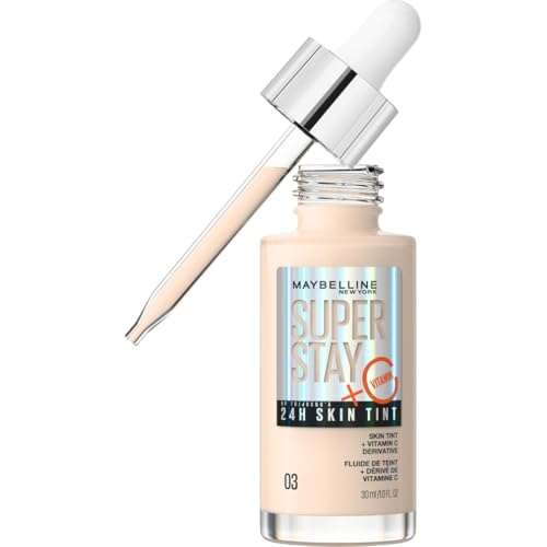 36% DESCUENTO Maybelline New York,Base de maquillaje enriquecida con Vitamina C, Hasta 24H, Acabado luminoso, Superstay Skin Tint, Tono 03