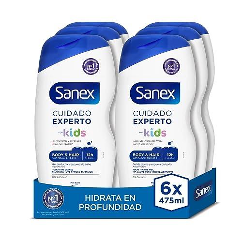 44% DESCUENTO Sanex Cuidado Experto Kids Gel de Ducha, Pack 6 Uds x 475ml, Gel Para Niños, Hipoalergénico, 12H de Hidratación, Dermatológicamente Testado, Aprobado por Pediatras