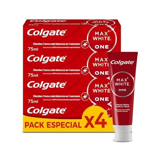 Colgate Max White One Pasta de Dientes Blanqueadora, Pack 4 Uds x 75ml, Dentífrico Blanqueador, Dientes 1 Tono Más Blancos en 1 Semana, Elimina Manchas Superficiales