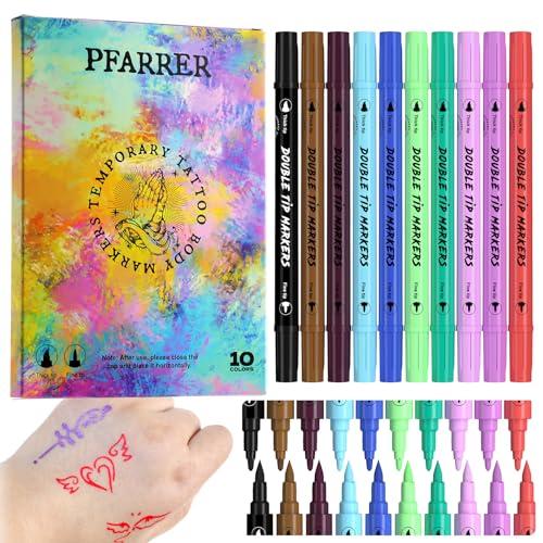 30% DESCUENTO PFARRER Tatuaje Temporal Marcador para Piel, 10 colores Rotuladores de Tatuaje de Doble Punta con Líneas Finas y Negras Juicy Ink ZYH2312111