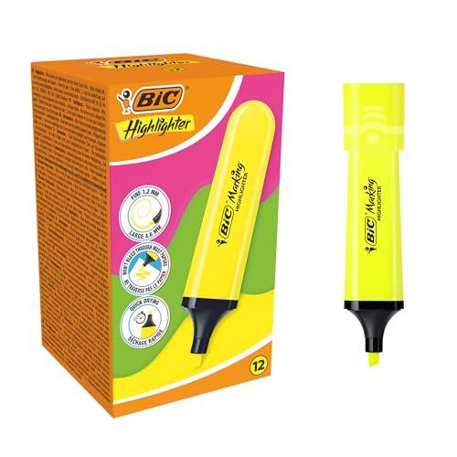 26% DESCUENTO BIC Marking Flat Highlighter Subrayadores con Punta Biselada Modular (1,2 mm 4,6 mm)   Amarillo Neón, Pack de 12