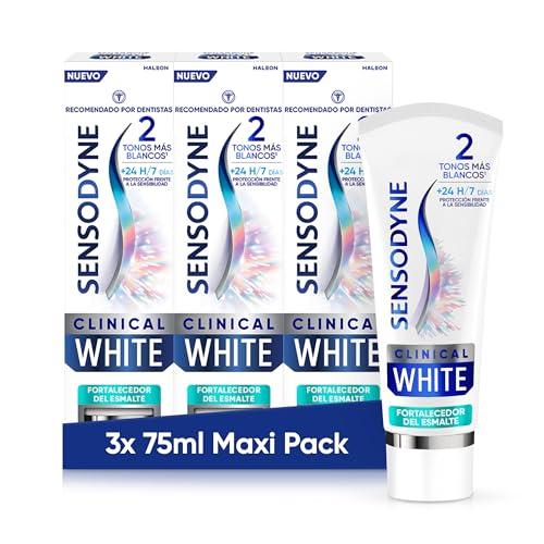 Sensodyne Clinical White Fortalecedor de Esmalte, Pasta de Dientes Blanqueante Sensodyne, Sabor a Menta, Protección Frente a la Sensibilidad, Pack de 3×75 ml