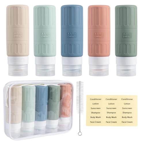 Carehabi Botellas de viaje de 100 ml para rellenar, 5 unidades, de silicona, para champú, gel de ducha, cosméticos, botellas de viaje, equipaje de mano, avión
