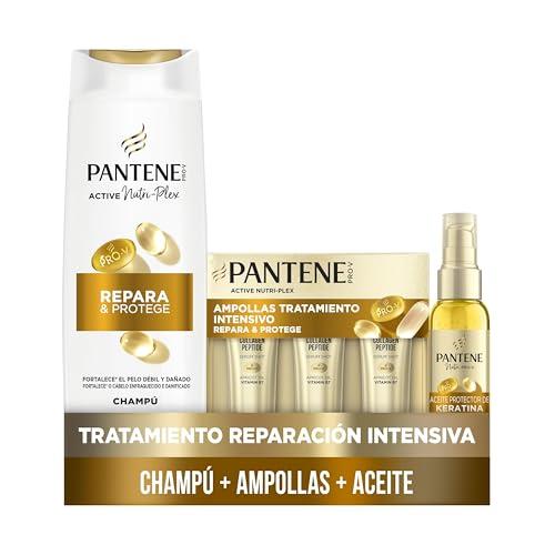 44% DESCUENTO Pantene Pro V Repara Y Protege Champú 325ml, Ampollas 3X15ML, Aceite Protector Keratina 100ml, Para Pelo Seco Y Dañado. Limpieza Suave. Protege Enlaces Capilares. Sin Siliconas. Active Nutri Plex