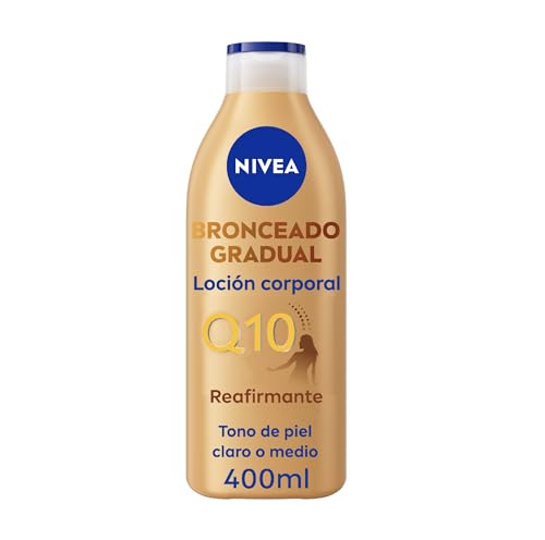 34% DESCUENTO NIVEA Q10 Loción Corporal Reafirmante + Autobronceadora (400 ml), crema hidratante corporal con coenzima Q10, crema bronceadora para tono de piel claro a medio