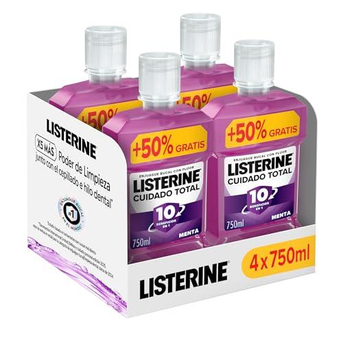 40% DESCUENTO Listerine Cuidado Total (4×750 ml), enjuague bucal formato ahorro, colutorio encías con 10 beneficios en 1, elixir bucal con 12 h de protección, para unos dientes blancos